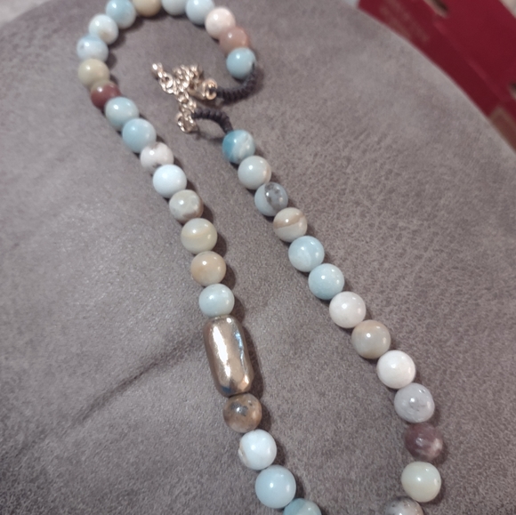 Natural 10mm Blue Round Amazonite Gemstone Bead Necklace - Picture 7 of 14